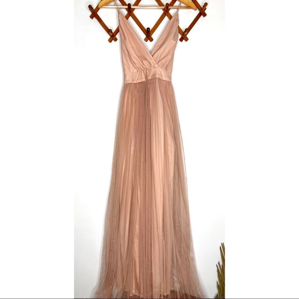🆕SIMPLEE Surplice Split Thigh Mesh Midi Dress w/ Criss Cross Open Back in Blush - Picture 2 of 16